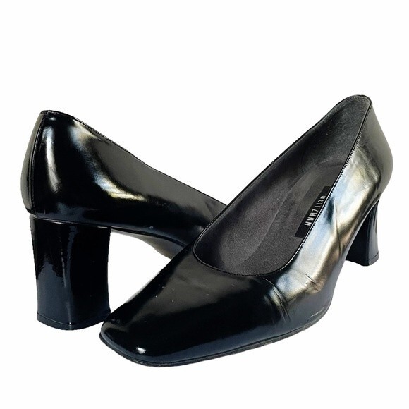 Stuart Weitzman Black Polished Leather Square Toe Block Heel Women’s Size 8W - Picture 1 of 14